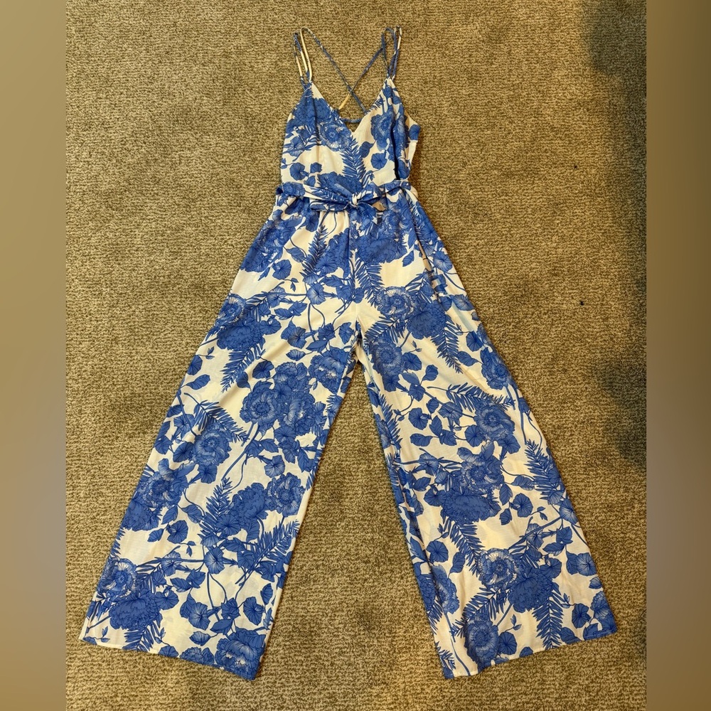 Blue and white floral jumpsuit
